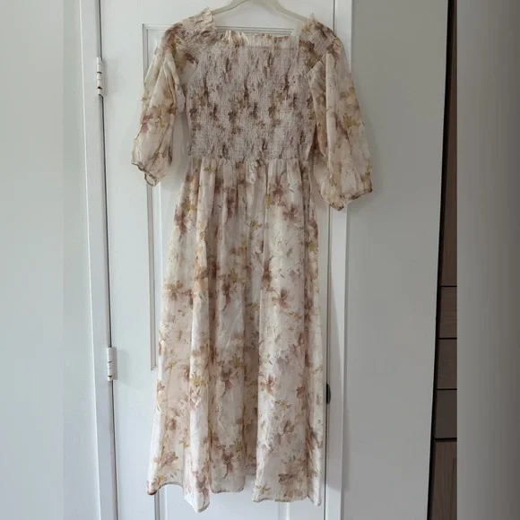 MELLODAY Cream Smocked Off the Shoulder Organza Midi Dress - Picture 9 of 16